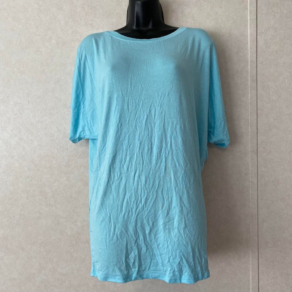 Lock & Love Women White Short Sleeve T Shirt Rayon Spandex‎ V Neck, Blue, Size M
